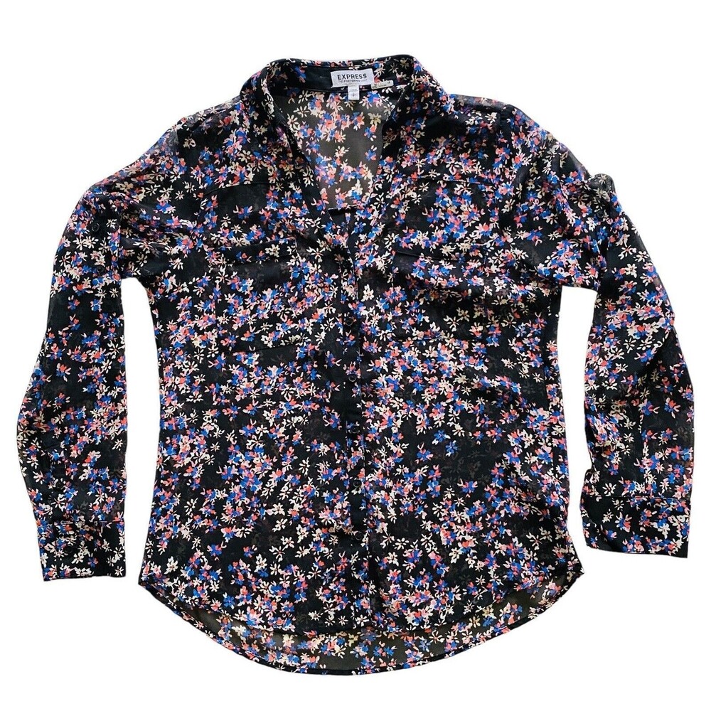 Express Portofino Blouse Womens S Petite Black Floral Sheer Roll Tab